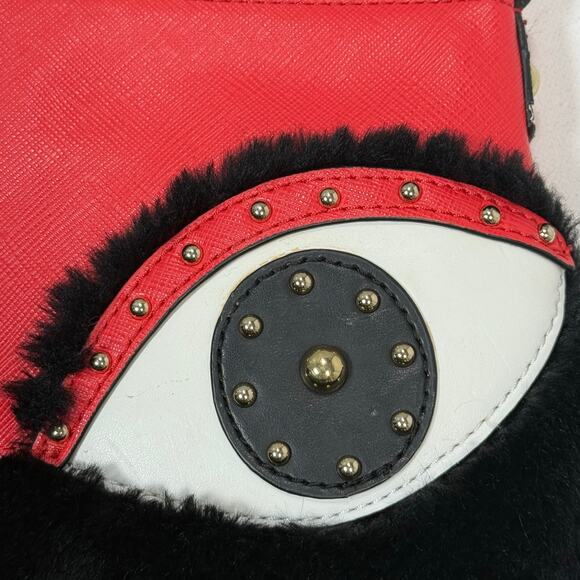 Vintage Sharif Red Black Eye Appliqué Crossbody Bag Faux Fur Leather 8x11 - Picture 8 of 9